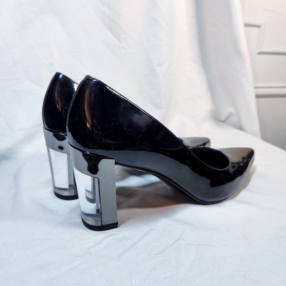 Stuart Weitzman Patent, Chrome and Lucite Block Heel Pumps